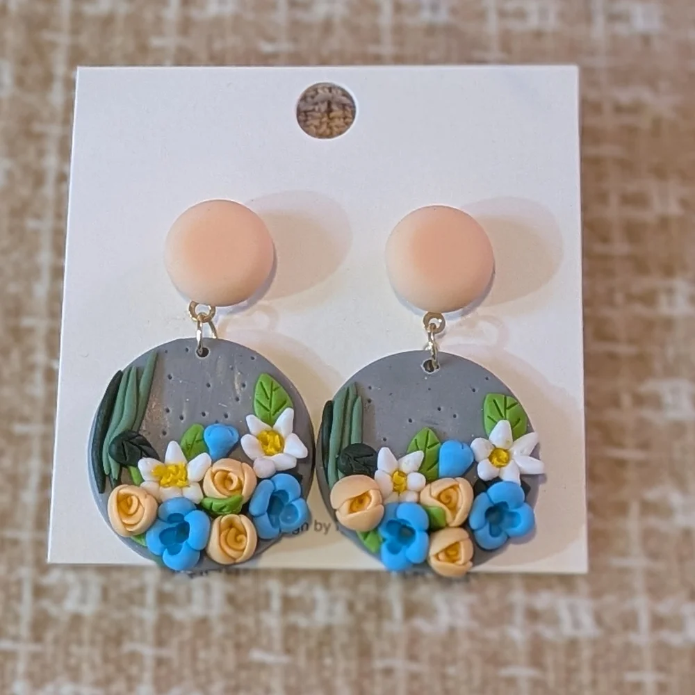 Handmade Floral Polymer Clay Dangle Earrings - Picture 2 of 5